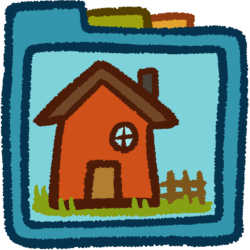 a red house with grass and a fence. It's inside a teal folder that has green and orange folder tabs behind it.